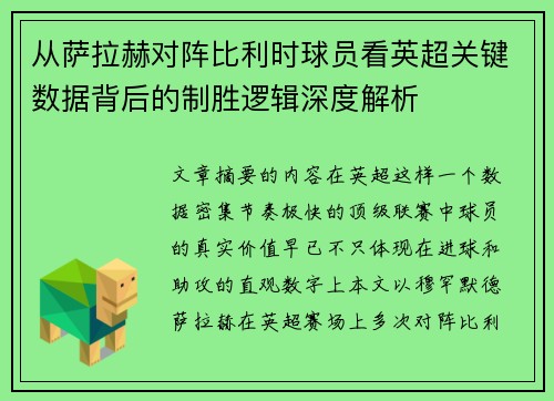从萨拉赫对阵比利时球员看英超关键数据背后的制胜逻辑深度解析